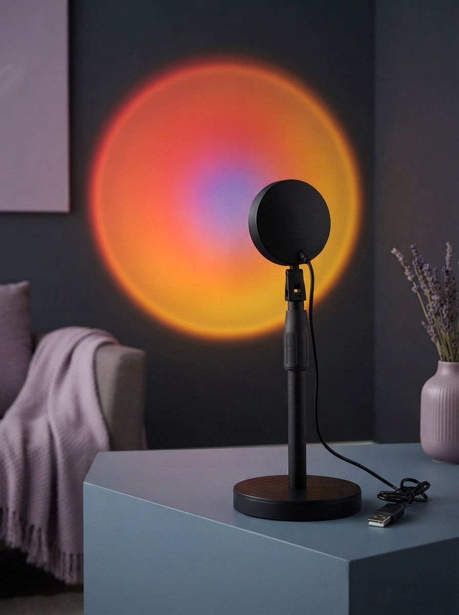 A 4-colour sunset projection lamp casting a warm glow on a surface in a modern, professionally styled room with slate blue an
